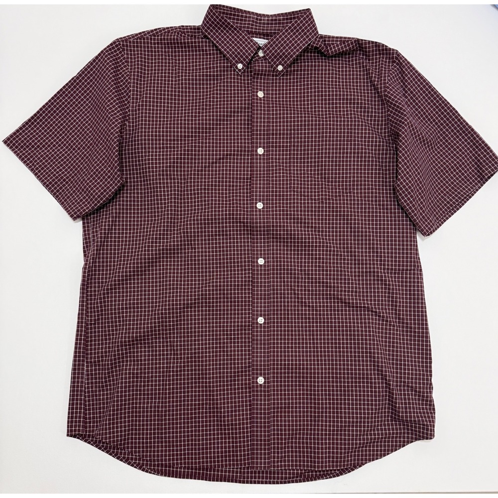 LL Bean Mens Large Traditional Fit Short Sleeve Plaid Button Down Shirt Burgundy